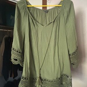 Olive Green Women's Top with Crochet Details